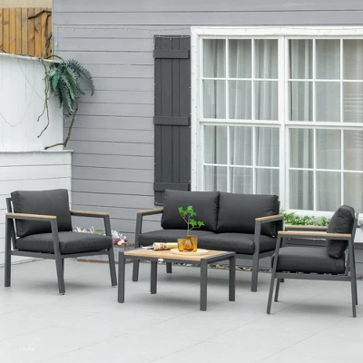 Outsunny 4 Piece Patio Furniture Set Aluminium Conversation Set Outdoor Garden Sofa Set W/ Loveseat, Center Coffee Table & Cushions, Gray - Image 2