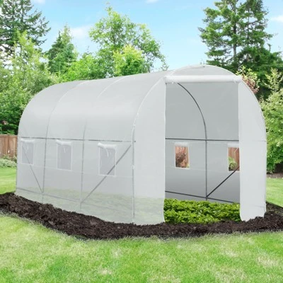 Outsunny 15' X 7' X 7' Walk-In Tunnel Greenhouse, Large Garden Hot House Kit With 6 Roll-up Windows & Roll Up Door, Steel Frame, White