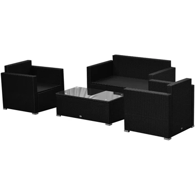 Outsunny 4-Piece Rattan Wicker Furniture Set, Outdoor Cushioned Conversation Furniture With 2 Chairs, Loveseat, And Glass Coffee Table - Image 6
