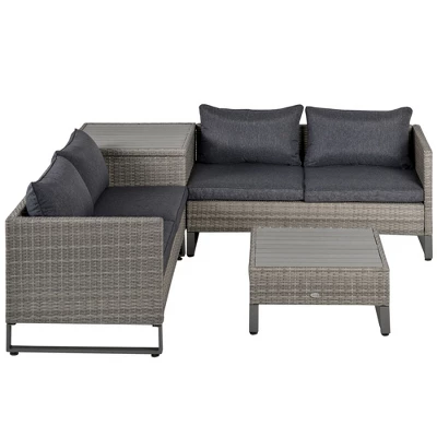 Outsunny 4 Piece Patio Furniture Set, Outdoor Sofa Set With 2 Loveseats, Cushions, Coffee Table, Storage Side Table, PE Rattan Wicker, Gray - Image 2
